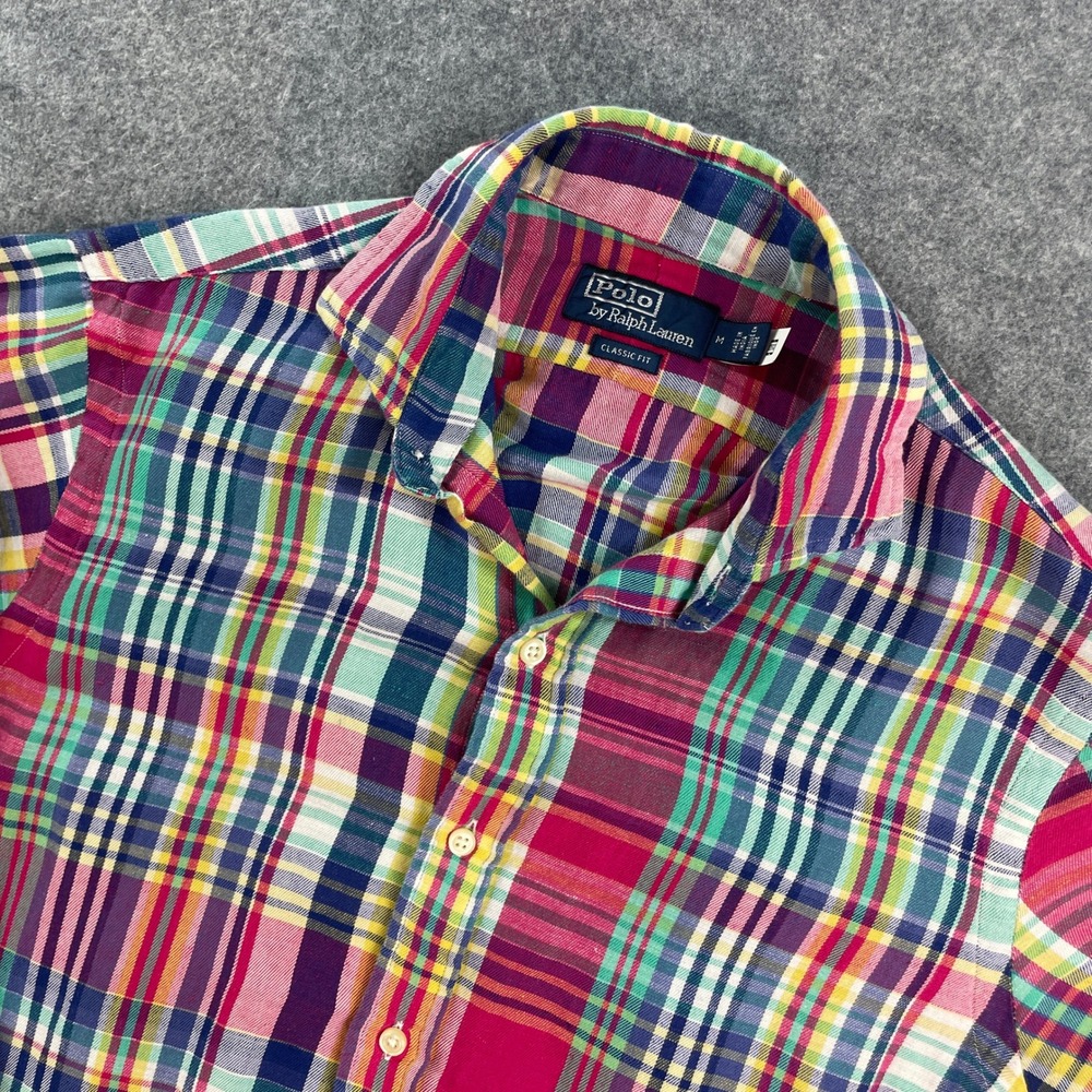 Polo Ralph Lauren Mens Shirt M Multi-Color Plaid Linen Blend Long Sleeve Classic